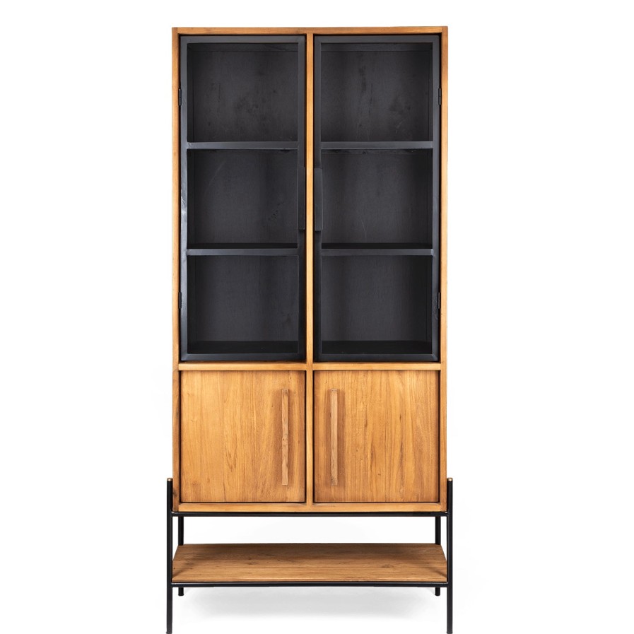 dBodhi Dbodhi Outline Cabinet - 2 Doors/2 Glass Doors/1 Open Rack Teak New